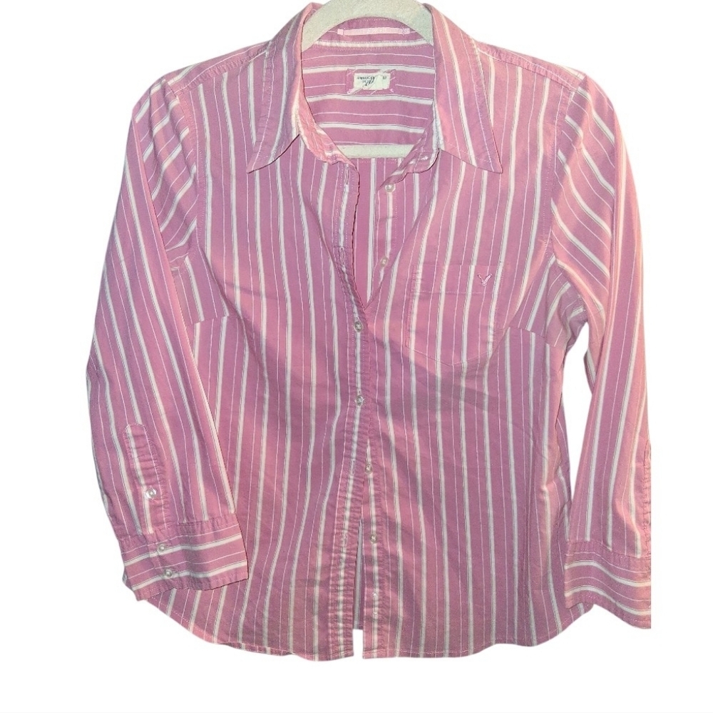 American Eagle Outfitters Pink and White Striped Button Down Shirt